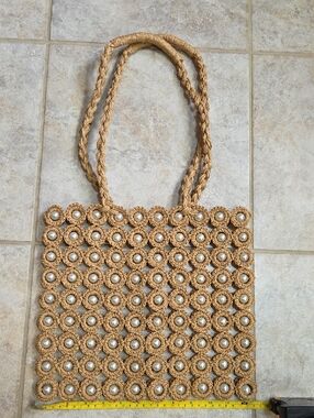 Woven Crochet Pearl Accent Tote Bag in Natural Tan Beige Raffia